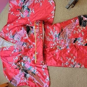 Botanmu Japanese Kimono Dress Adjustable Belt One Size Red Floral Bird